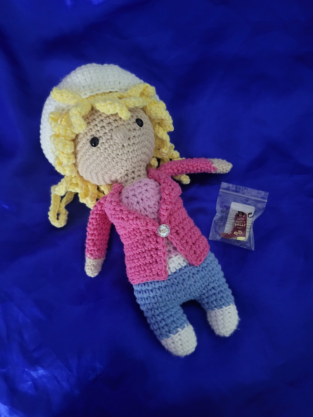 Handmade Crochet Doll with Pink Sweater and Blue Pants